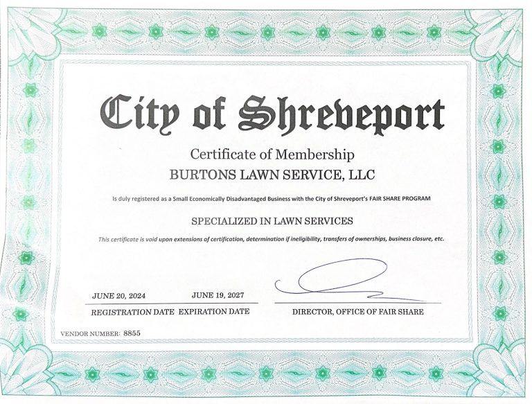 Burton's Lawn Service Certificate of Membership City of Shreveport